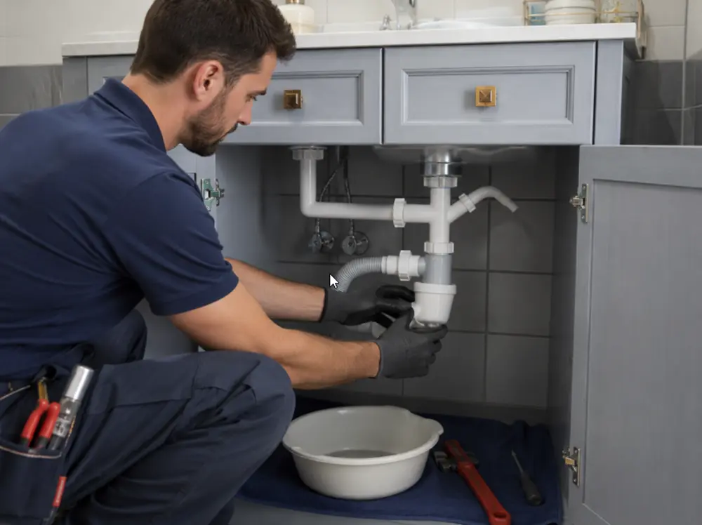 Plumber cleaning a clogged drain pipe under a bathroom sink