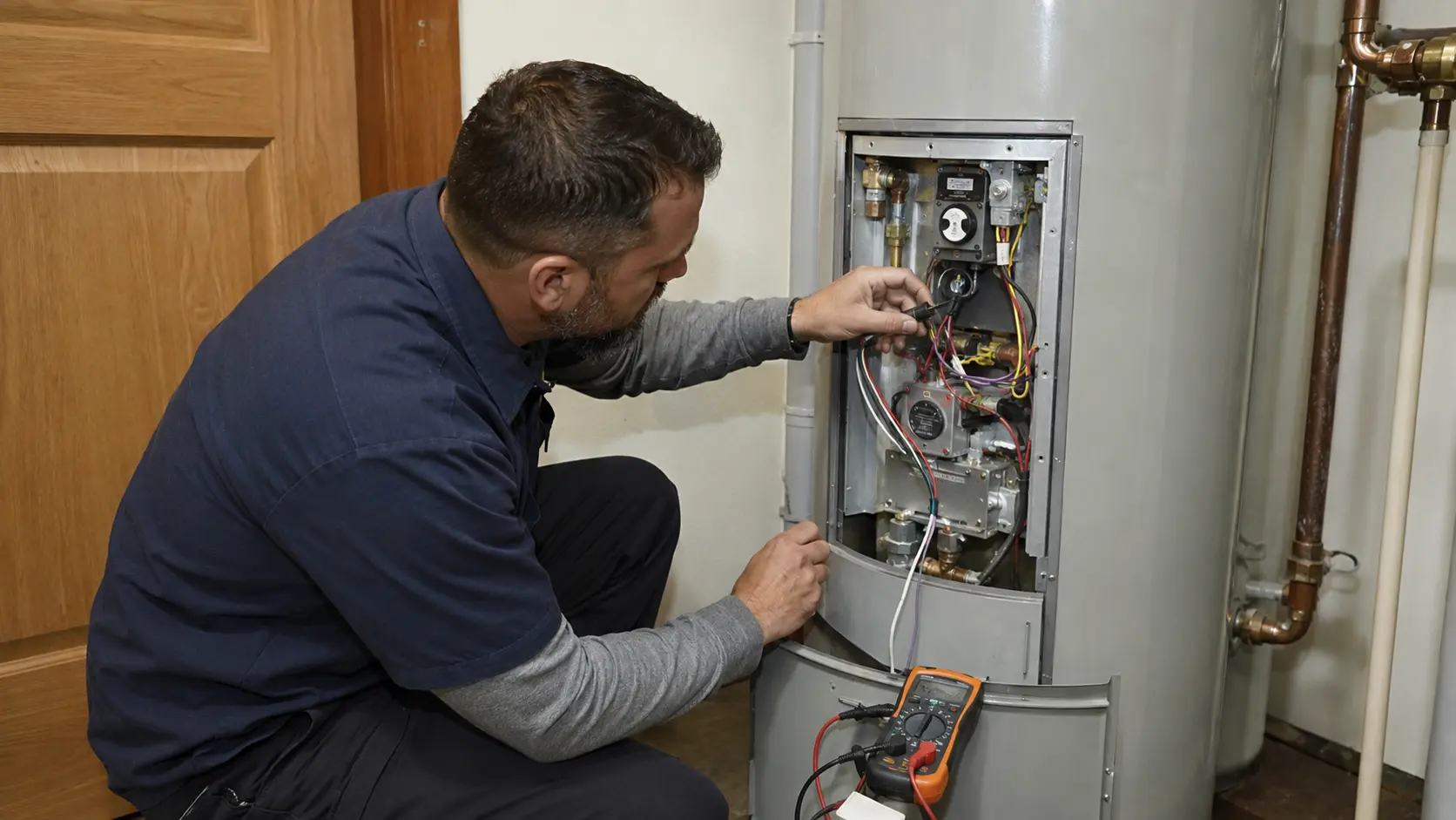 Plumber inspecting a water heater for warning signs of plumbing problems