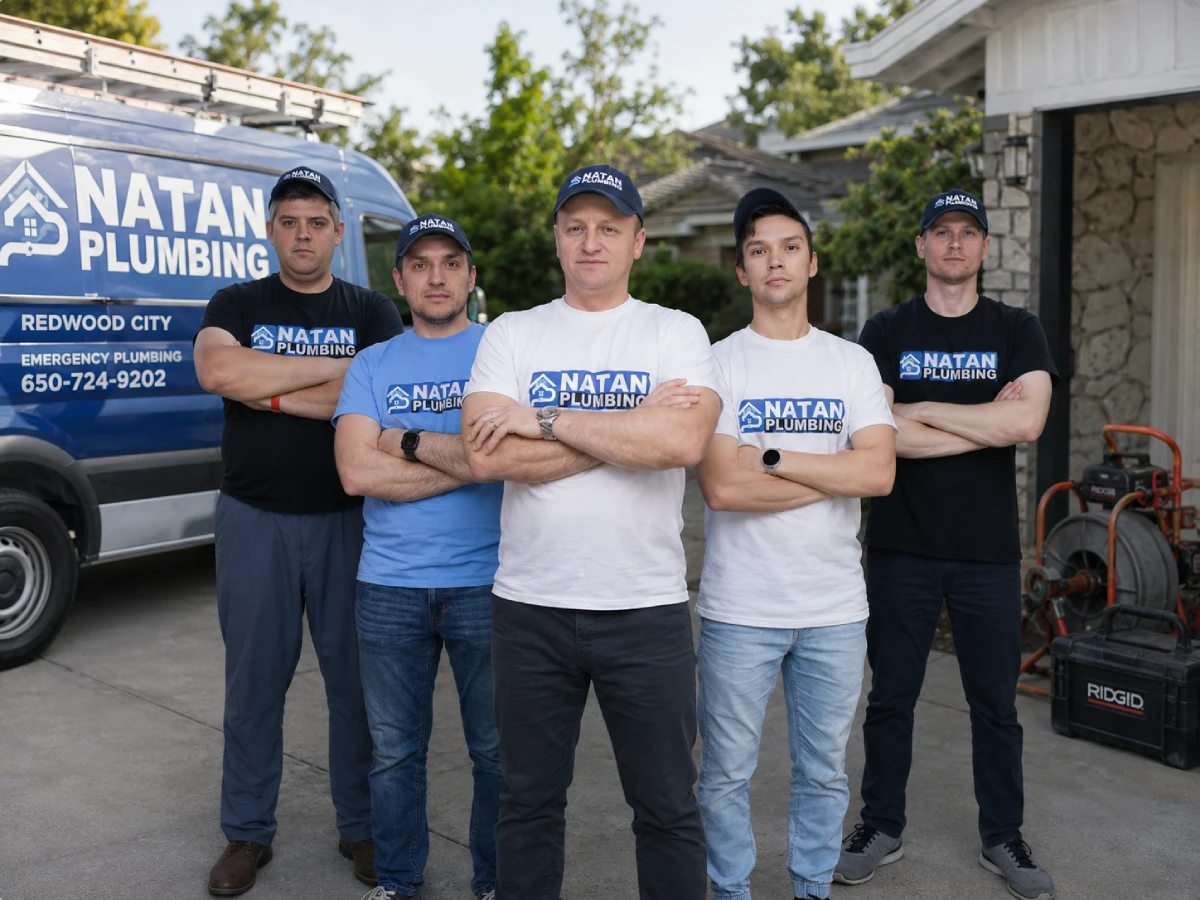Natan Plumbing emergency plumbing team standing in front of a service van