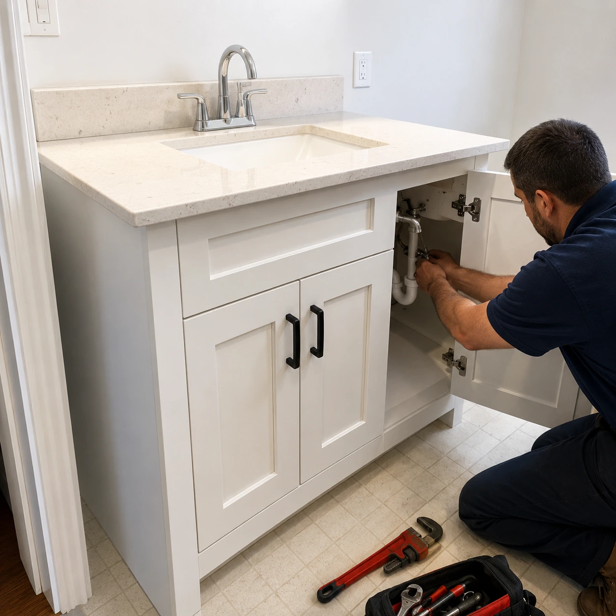 Plumbing support for fixture and cabinet installation