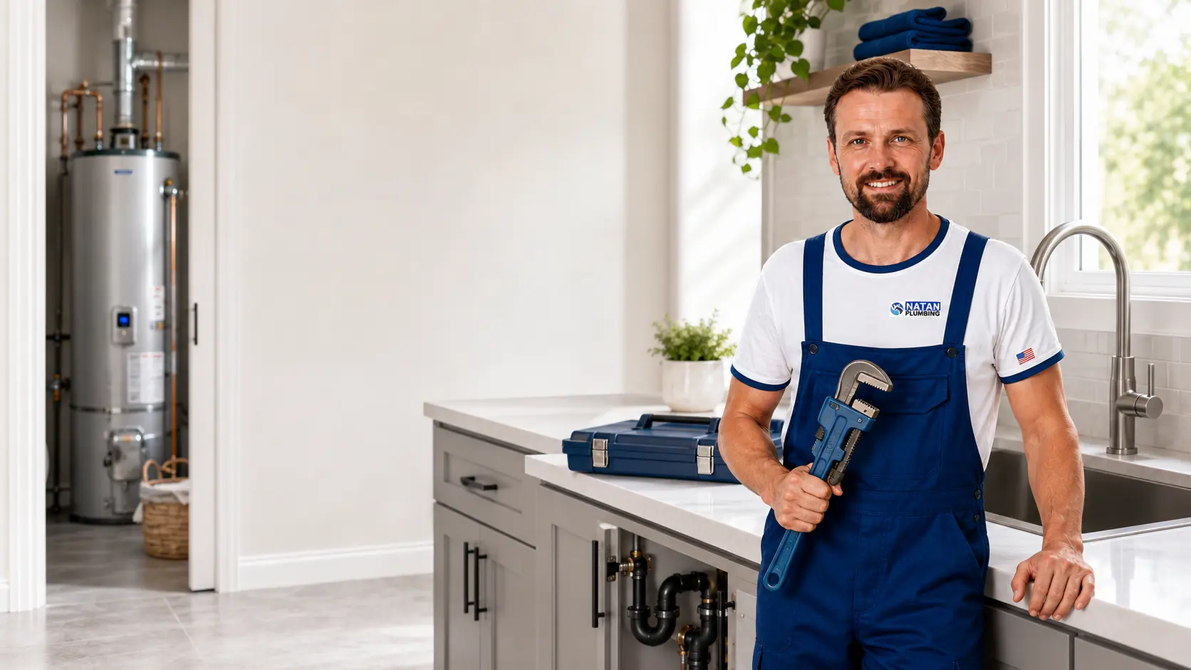 Natan Plumbing technician in a clean service interior