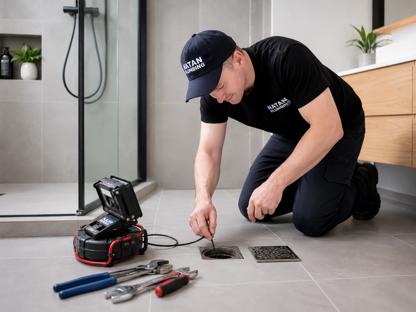 Natan Plumbing plumber inspecting a bathroom drain
