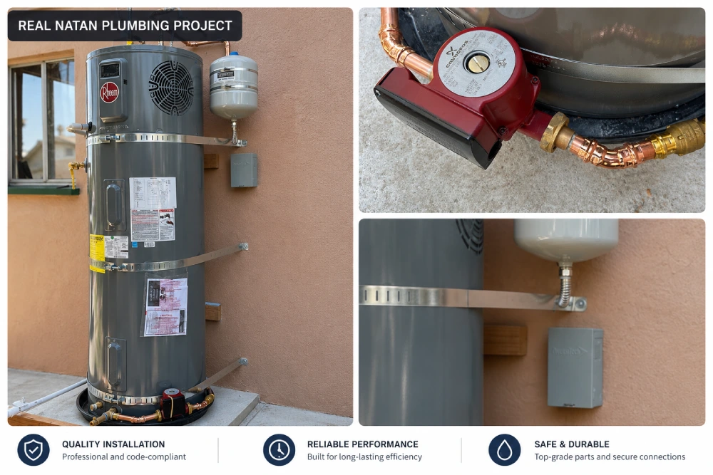 Completed heat pump water heater installation by Natan Plumbing