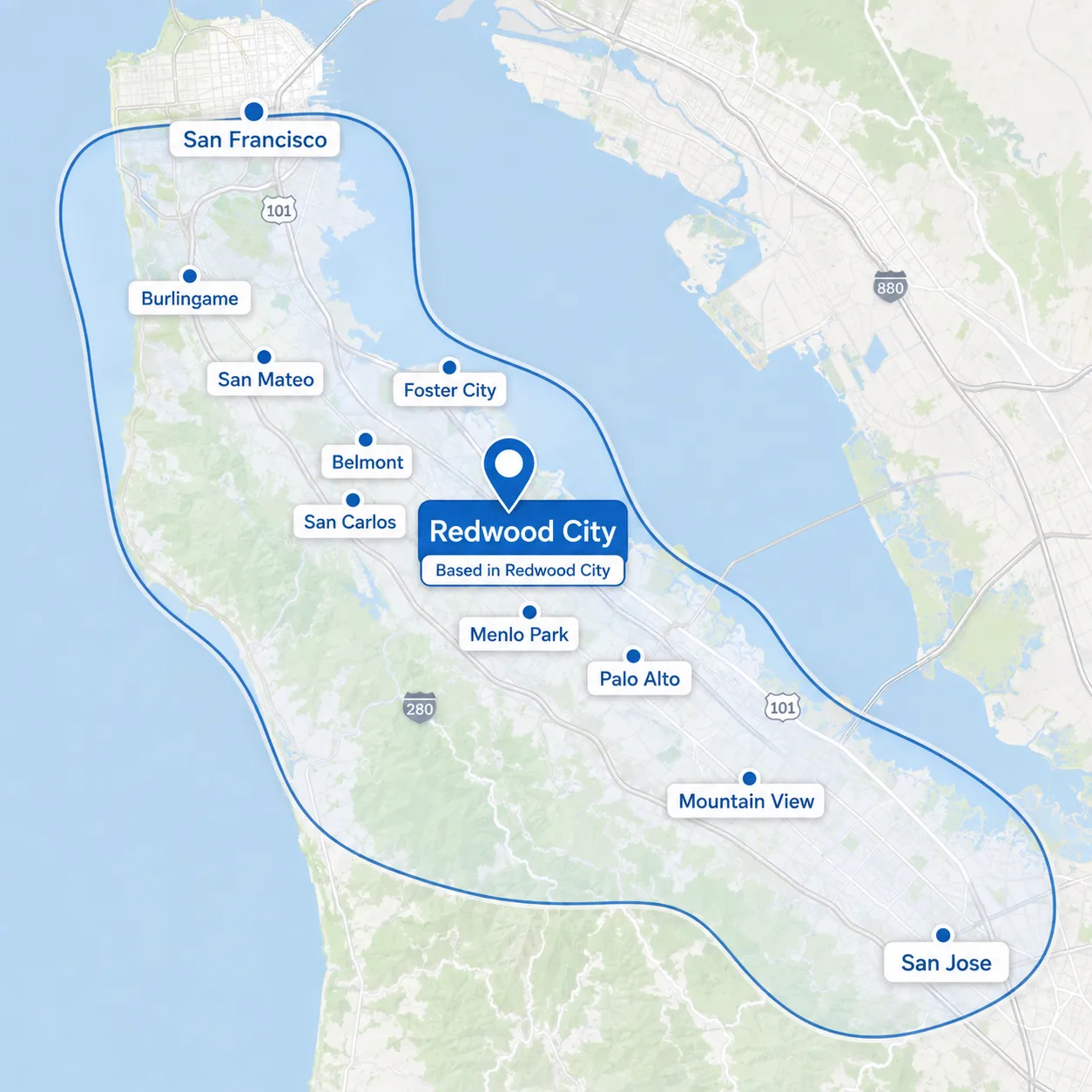 Service coverage map for San Francisco, Redwood City and San Jose